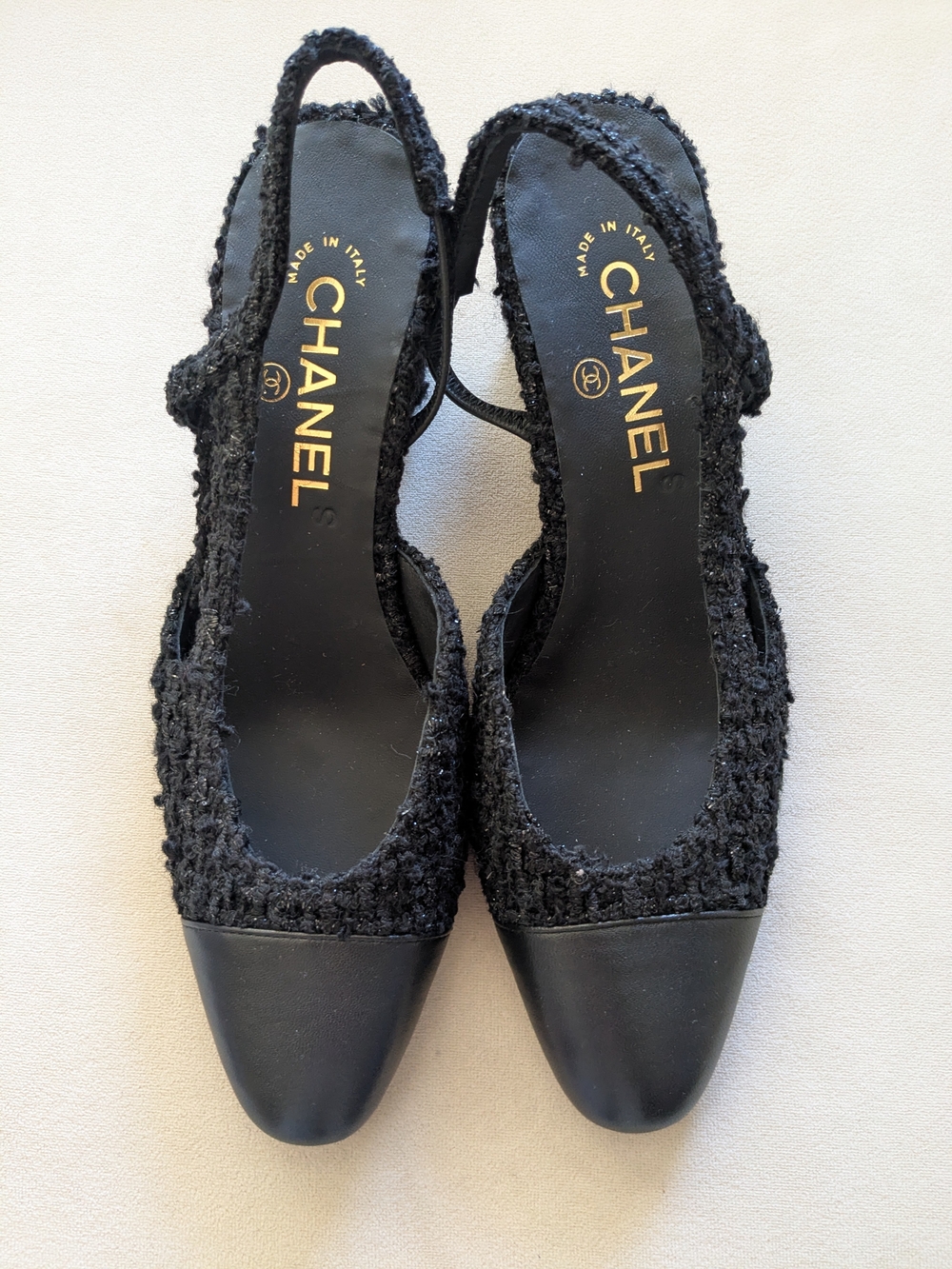 NEW CHANEL Black Tweed Slingback Pumps - size 38.5